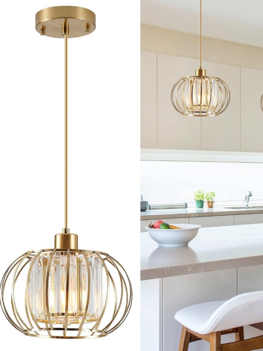 Gold Pendant Light Fixture Modern Crystal metal cage globe round brass